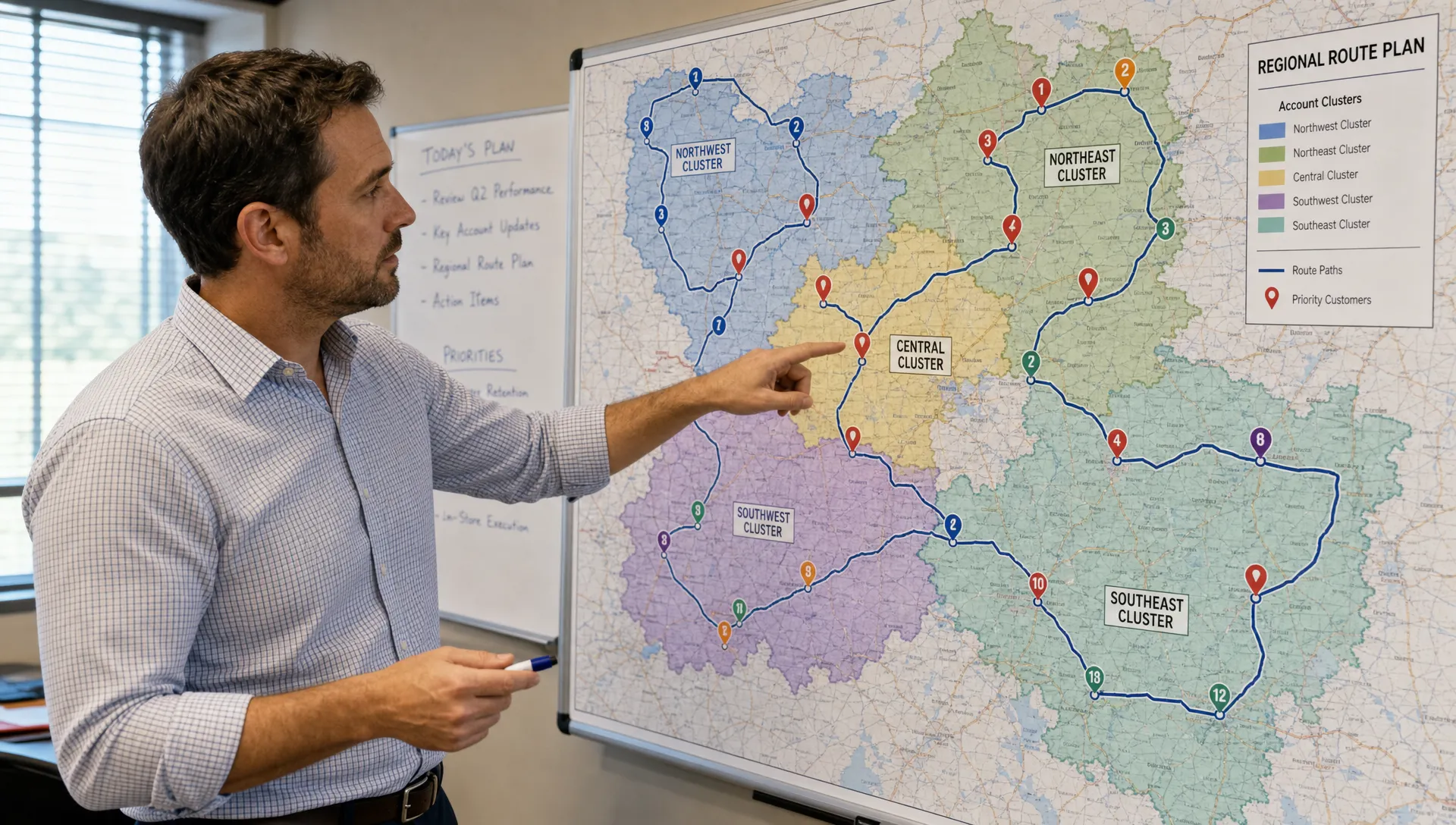 A field sales manager reviews a regional route plan with account clusters, travel paths, and priority customer locations marked on a large map.