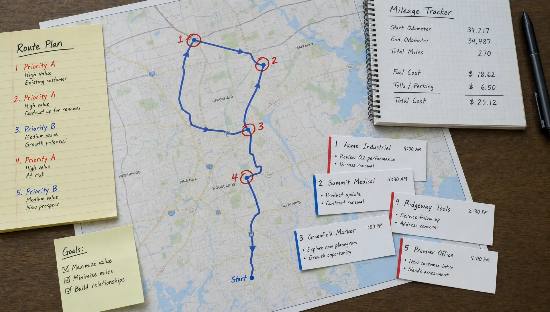 Landscape cover showing a close-up of a field route planner laid out on a clean desk, with a marked map, circled customer stops, a mileage tracker, and a few appointment cards arranged around a single highlighted route. Keep the focus on the planning tools and the tension between distance and commercial priority, with no people visible.