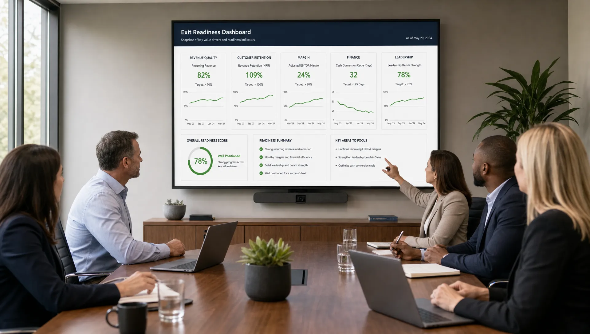 A leadership team in a boardroom reviewing an exit readiness dashboard with revenue quality, customer retention, margin, finance, and leadership indicators displayed clearly on a wall-mounted screen.