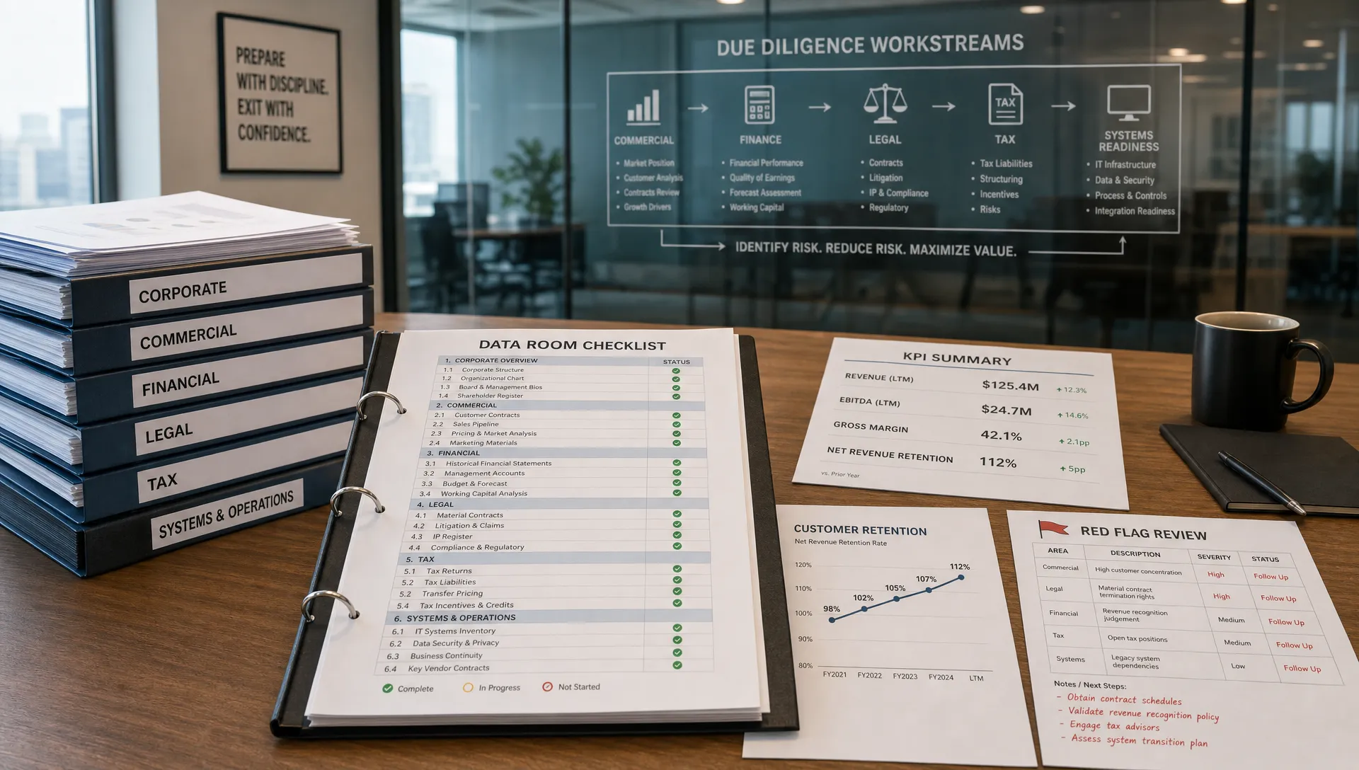 A wide landscape scene inside a pre-diligence document review room, with a single open data room checklist spread across a table beside neatly stacked files, a printed KPI summary, a customer retention chart, and a red-flag review sheet marked for follow-up. In the background, a glass wall shows a faint sequence of due diligence workstreams for commercial, finance, legal, tax, and systems readiness. No people are visible. The setting should feel like a disciplined preparation environment where exit risk is being identified and reduced before a sale process begins.