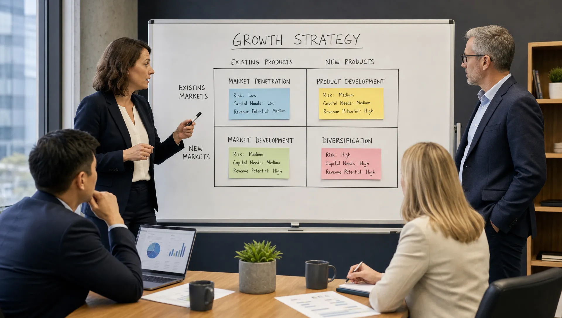 A leadership team reviews a simple four-quadrant growth strategy board showing existing and new products against existing and new markets, with notes for risk, capital needs, and revenue potential.