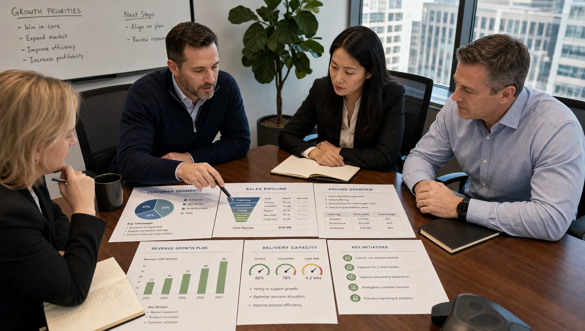 A private equity operating team reviews a portfolio company growth plan with customer segments, sales pipeline metrics, pricing notes, and delivery capacity indicators arranged on a conference table.