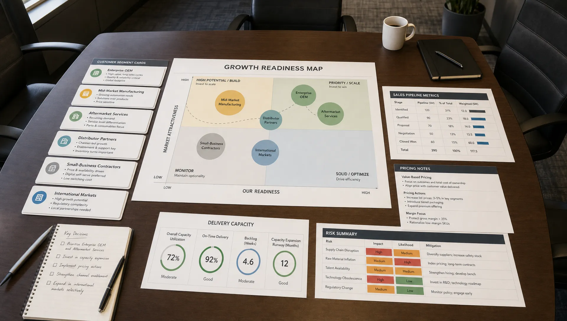 A wide overhead scene of a private equity portfolio planning table with a single large growth readiness map, printed customer segment cards, sales pipeline metrics, pricing notes, delivery capacity indicators, and a simple risk summary laid out for review in a quiet conference room, with no people visible.