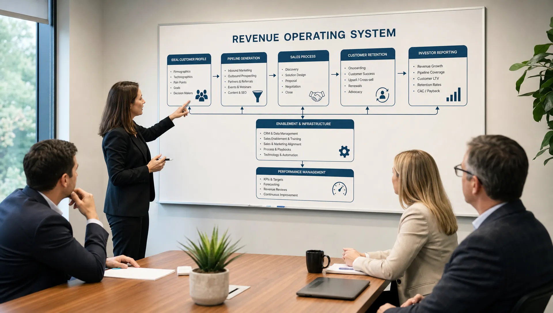 A leadership team reviews a revenue operating system map on a conference room wall, showing connected elements for ideal customer profile, pipeline, sales process, customer retention, and investor reporting.