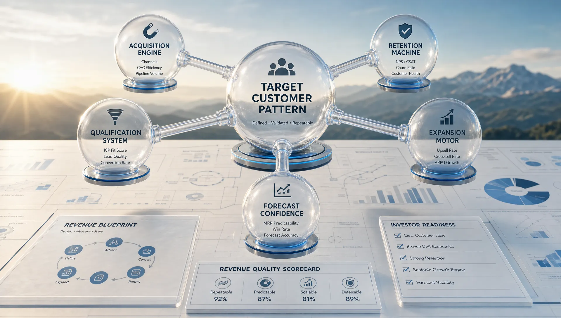 A wide landscape scene of a transparent set of interconnected revenue nodes suspended above a clean planning surface, with one central node labeled as the target customer pattern and linked nodes showing acquisition, qualification, retention, expansion, and forecast confidence. No people are visible. The setting should feel like a conceptual commercial system rather than an office meeting, with a clear sense of repeatable revenue being designed, measured, and made ready for investors or buyers.