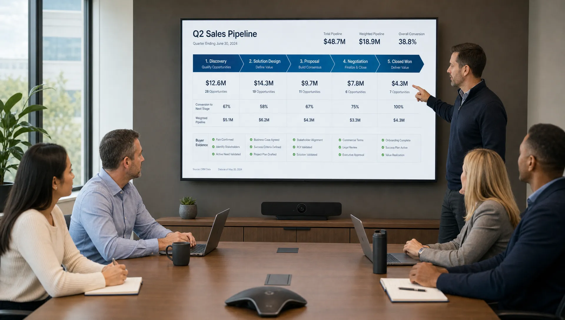 A revenue leadership team reviewing a clean sales pipeline on a conference room screen, with stages, conversion metrics, and buyer evidence clearly organized for discussion.
