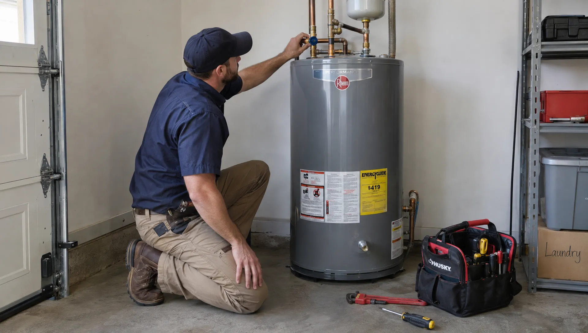 A plumber inspects the supply connections on a water heater during a garage repair visit.