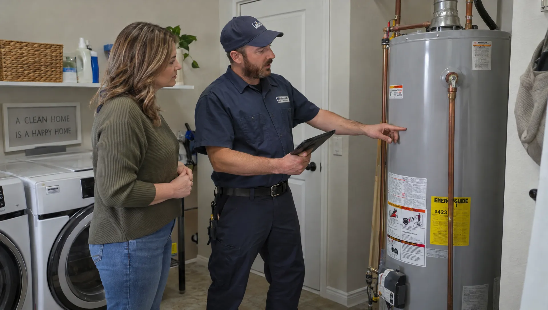 A plumber discusses a water heater inspection with a homeowner beside the unit in a laundry room.