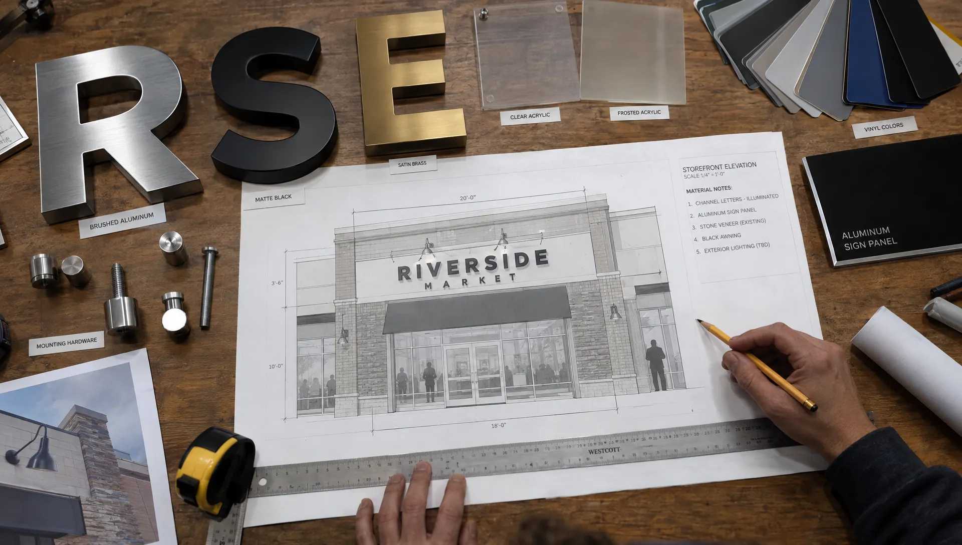 Metal letters, acrylic, vinyl and mounting hardware sit beside a storefront drawing as materials are compared for custom signage solutions.