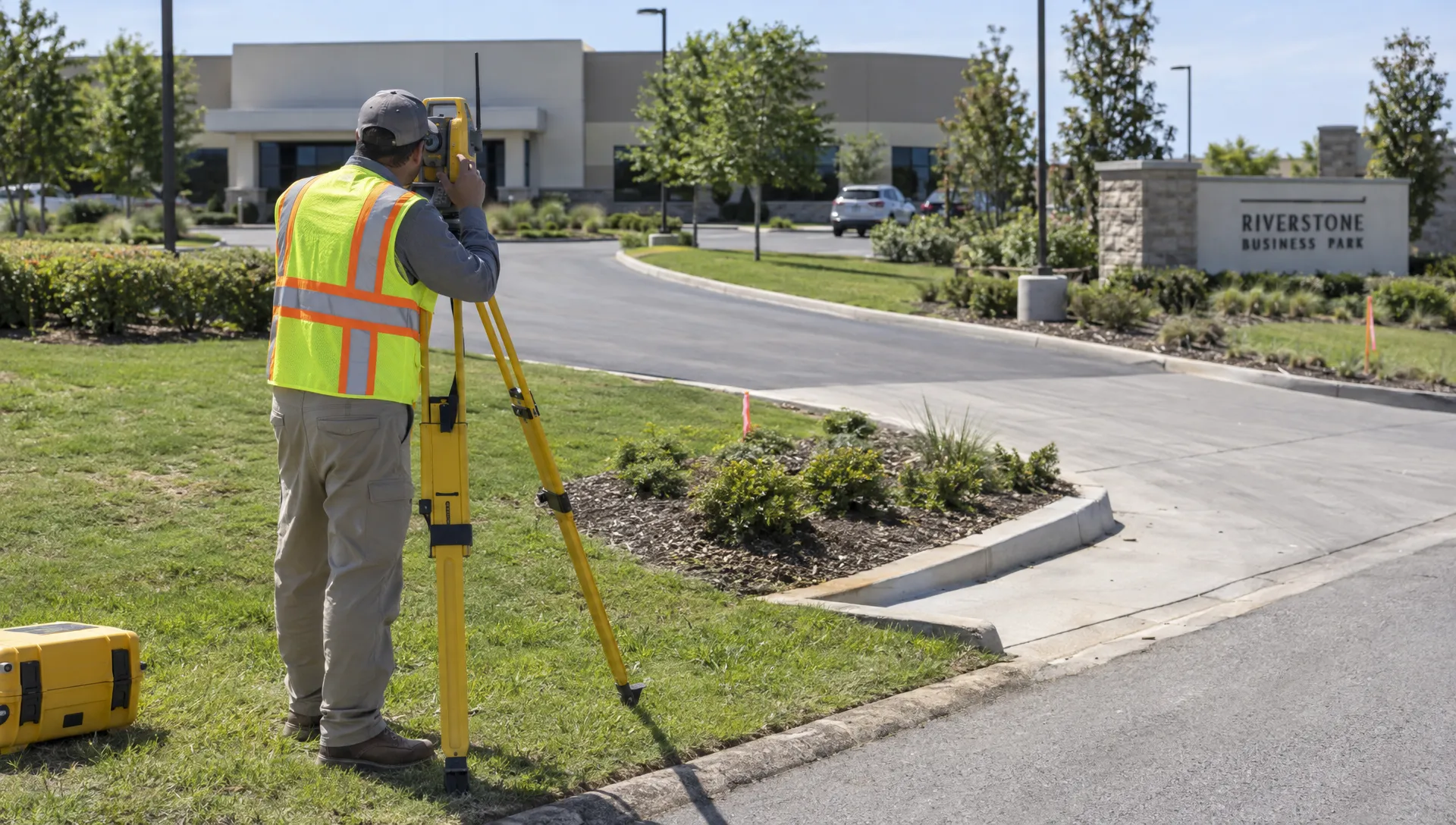 A surveyor measures a commercial entrance where a pylon sign could improve visibility from the road.