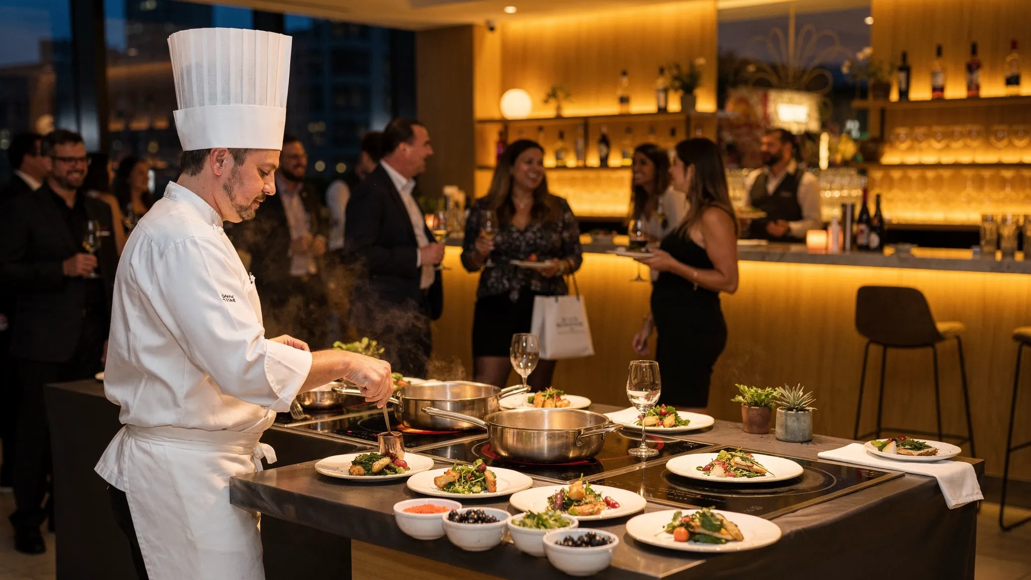 Un chef la o stație de live cooking în cadrul unui eveniment, pregătind porții individuale, cu invitați socializând în apropiere și un bar tematic luminat cald în fundal.