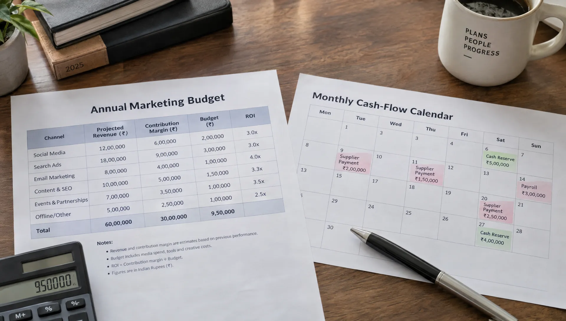 An annual marketing budget worksheet lists revenue and contribution margin in rupees beside a calculator and a monthly cash-flow calendar marked with supplier payments and cash reserves.