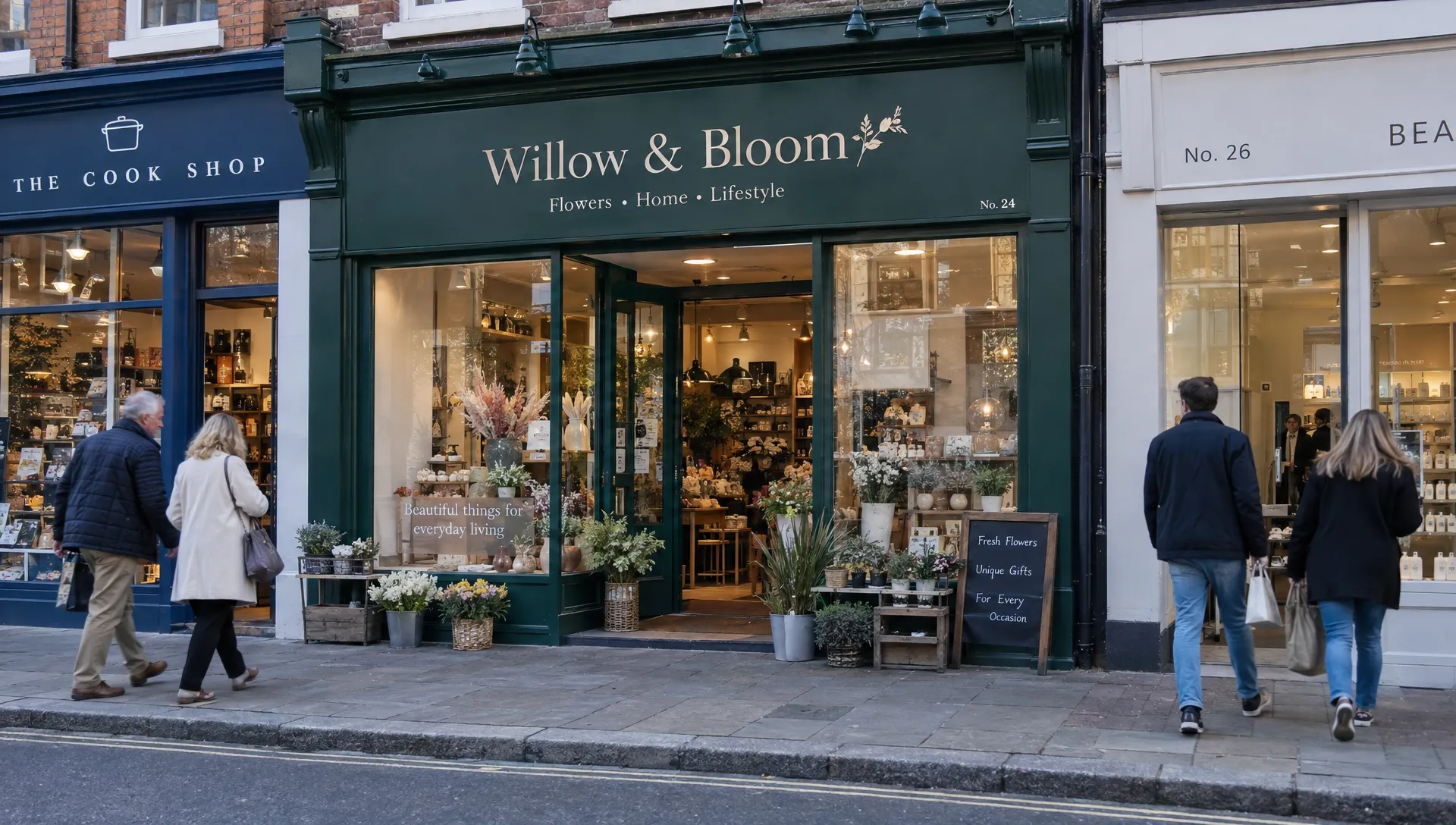 A small business storefront on a busy high street shows the setting where marketing can attract relevant customers.