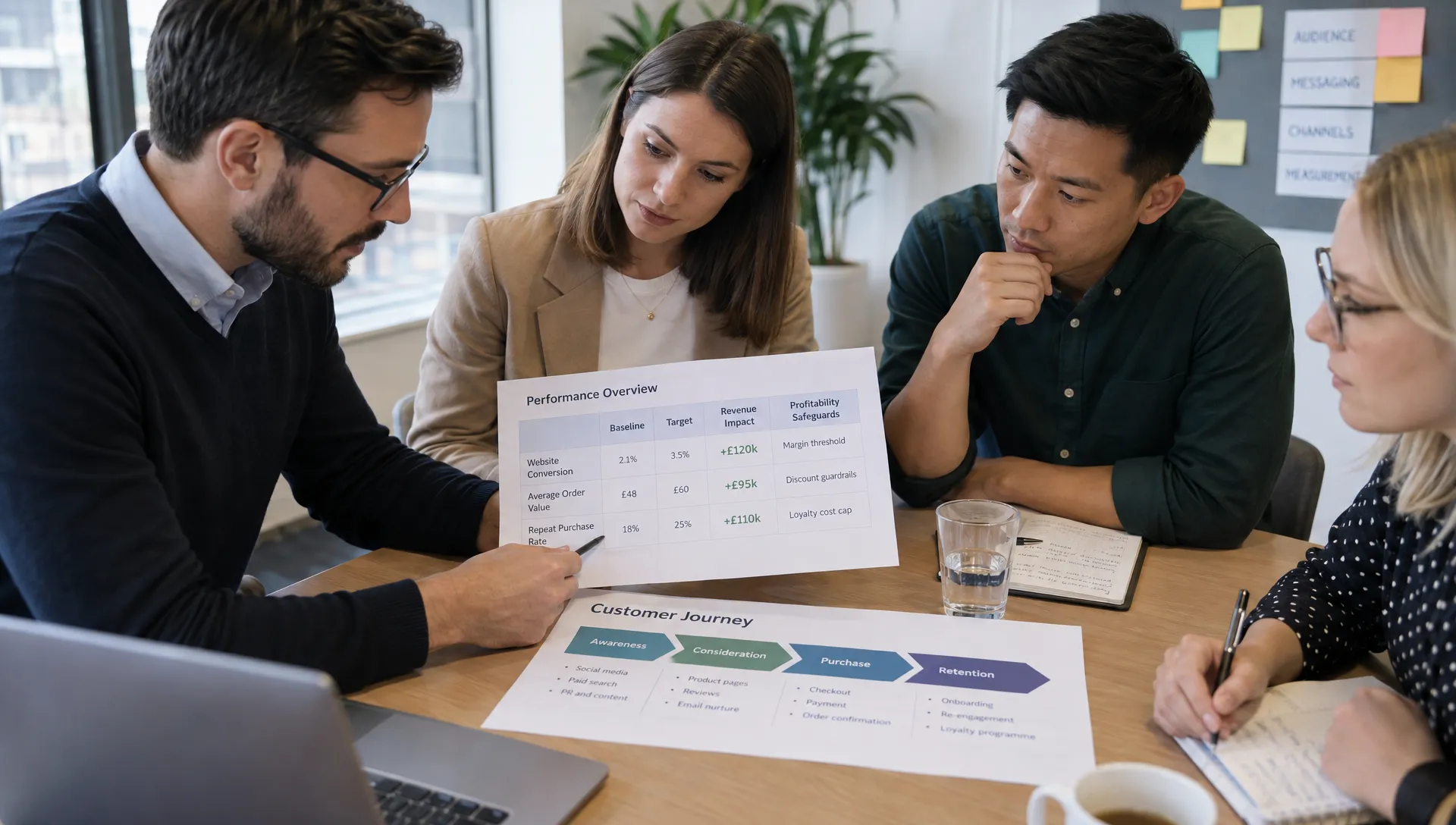 Marketing colleagues compare a printed worksheet of baseline, target, revenue impact and profitability safeguards with customer journey notes during a team review.