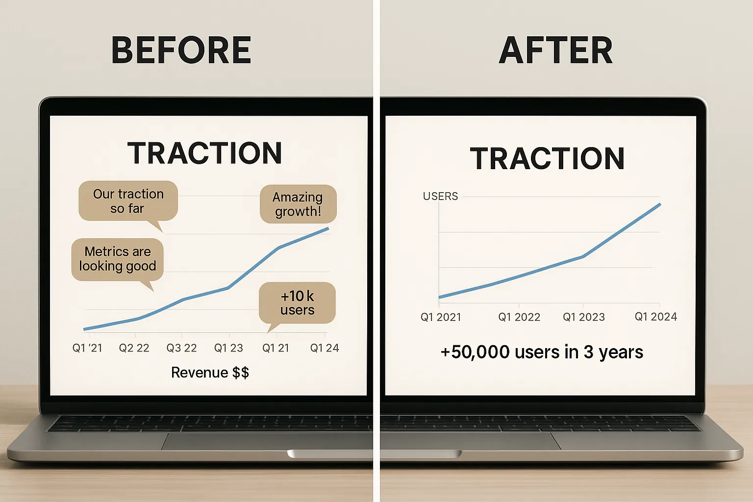 A simple before and after comparison of a cluttered traction slide versus a high-converting version with one headline, a single growth chart, clear labels, and a concise proof note.