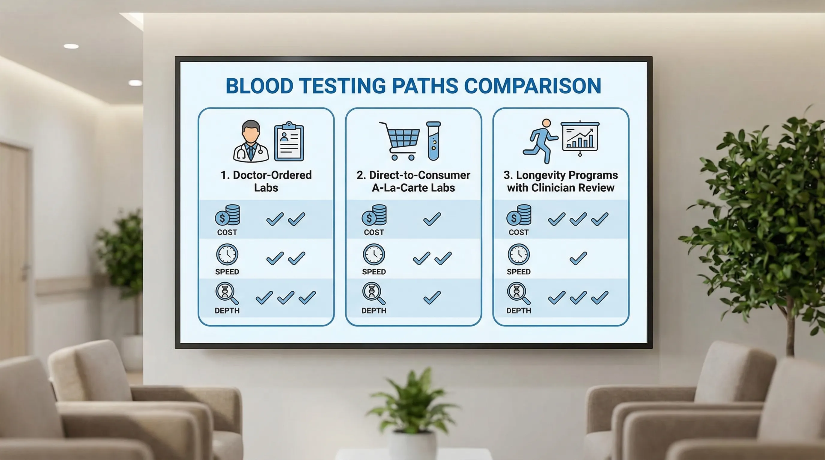 A simple comparison graphic showing three paths to blood testing: (1) doctor-ordered labs, (2) direct-to-consumer a-la-carte labs, and (3) longevity programs with clinician review, each with icons for cost, speed, and depth.