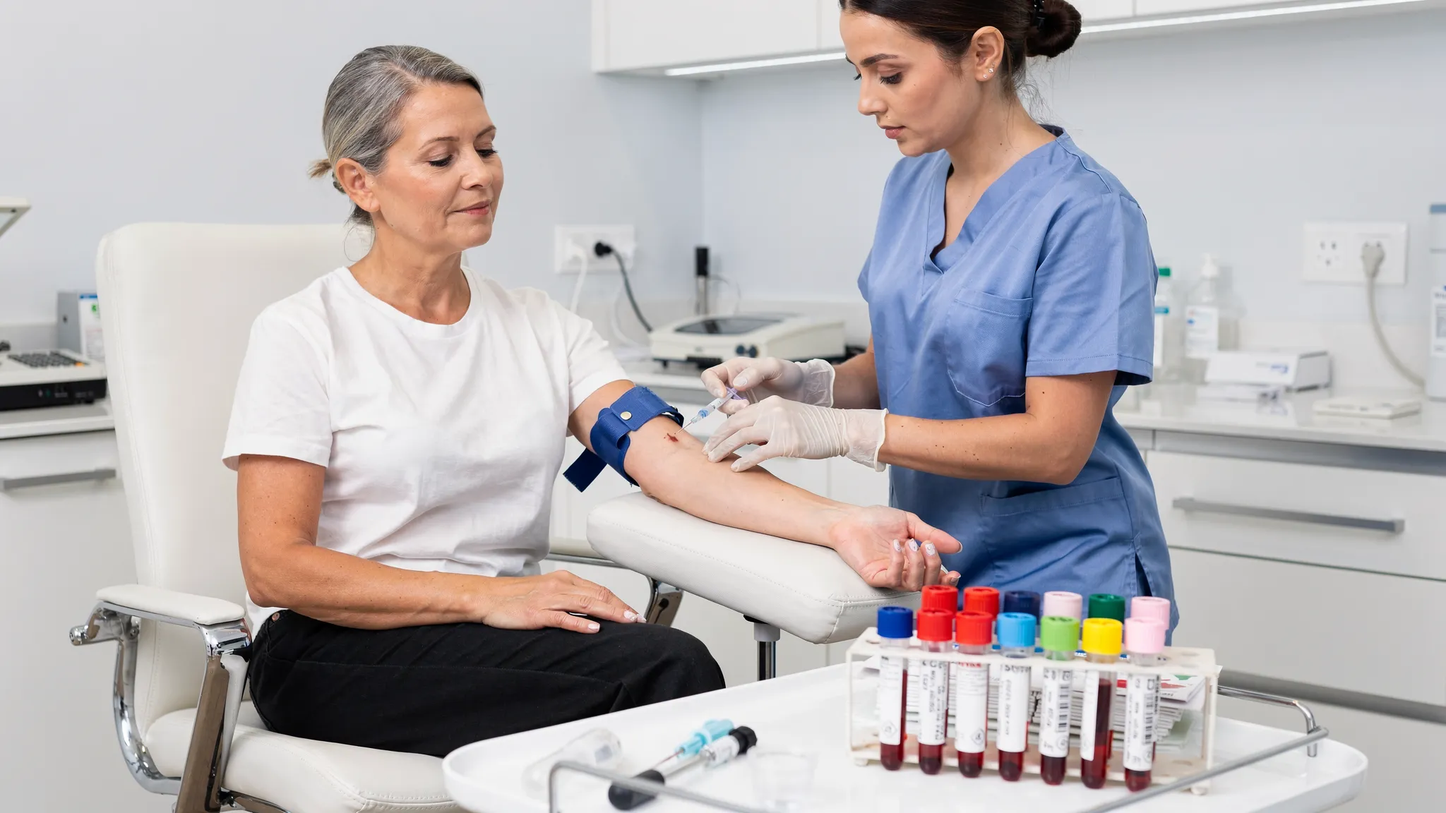 A realistic photo of a patient having blood drawn in a clean modern lab setting with labeled tubes on a tray, a phlebotomist wearing gloves, and a calm seated posture.