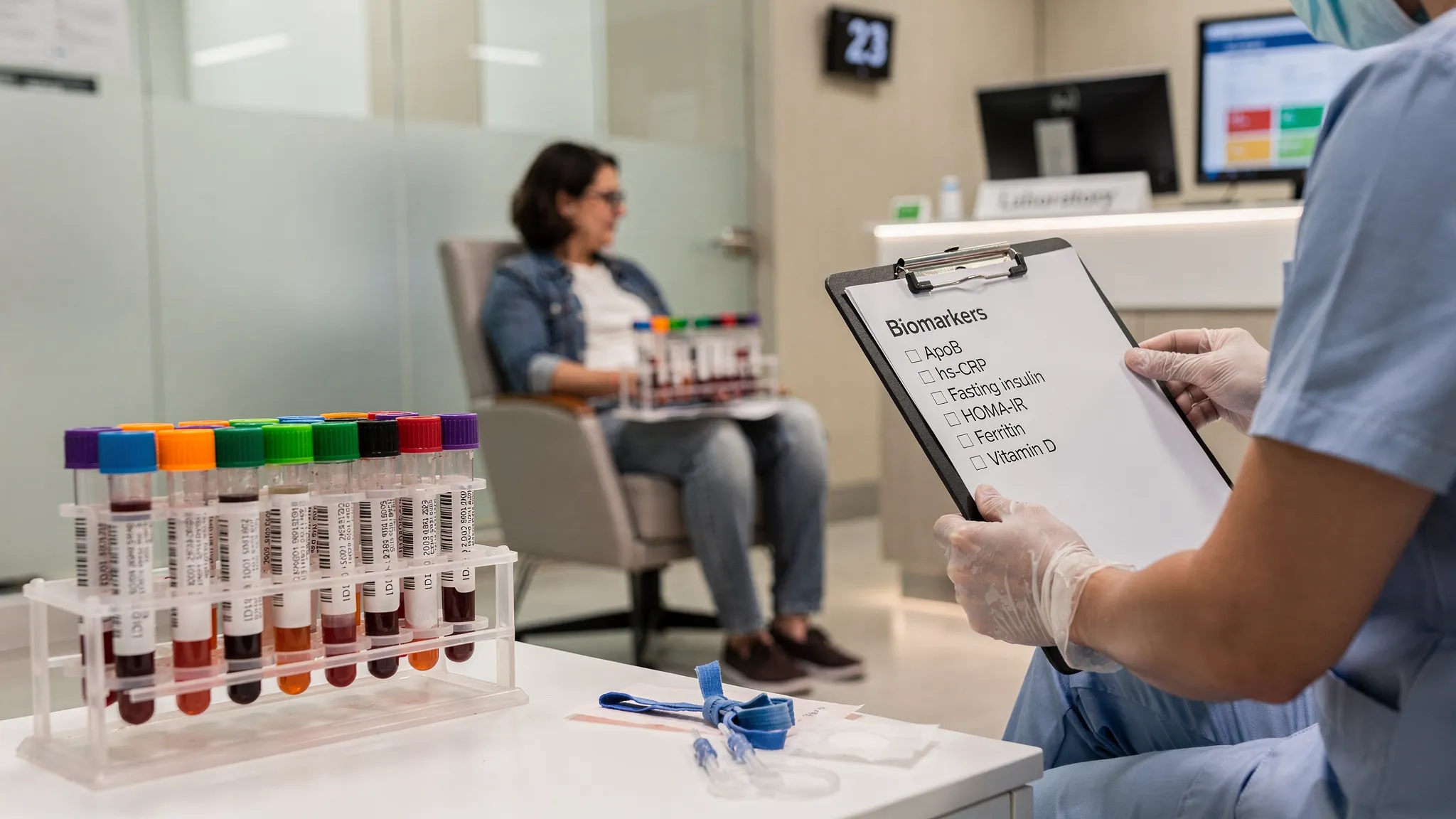 A clinician-style blood draw scene at a modern lab reception area, showing a labeled blood sample rack and a patient holding a checklist of biomarkers like ApoB, hs-CRP, fasting insulin, HOMA-IR, ferritin, and vitamin D, with the lab environment clearly not displaying any private data.