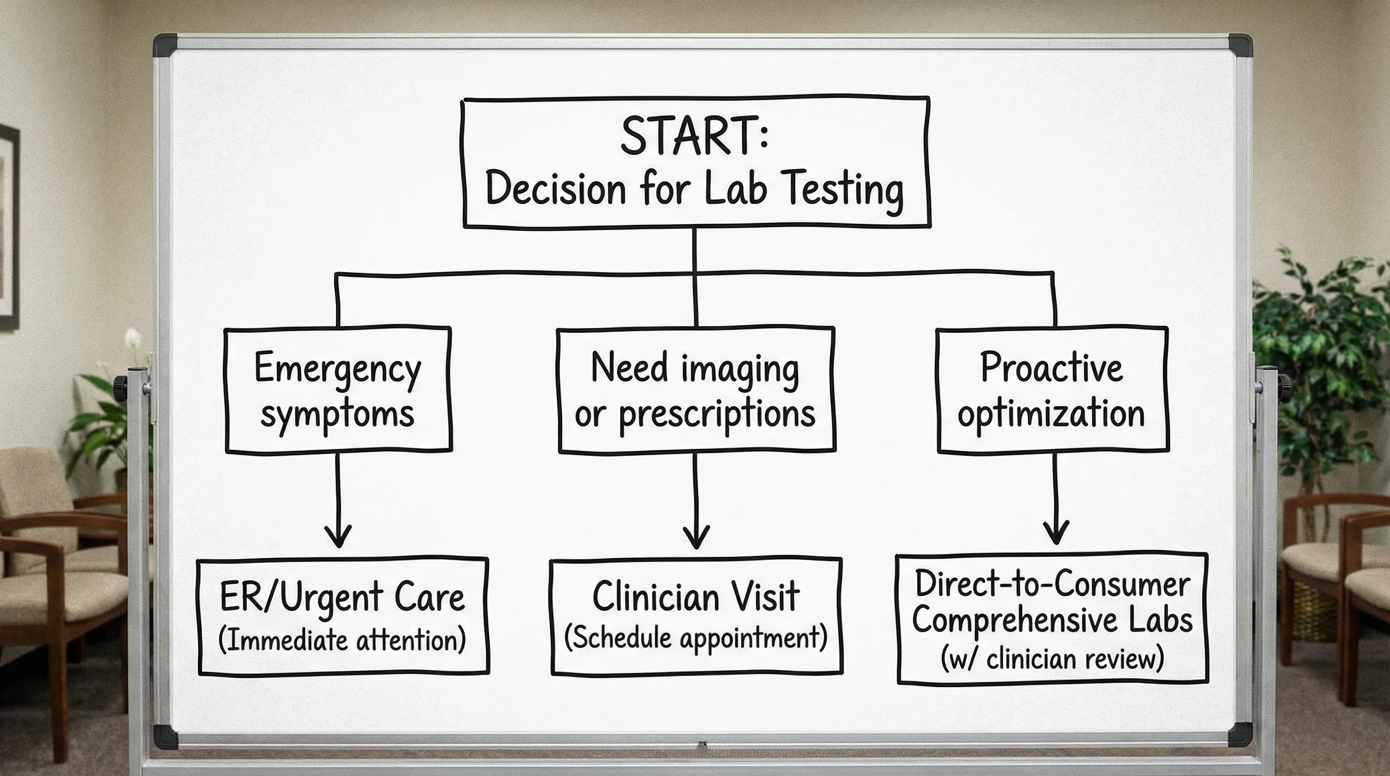 A simple decision flowchart showing three paths for lab testing: “Emergency symptoms” leading to ER/urgent care, “Need imaging or prescriptions” leading to clinician visit, and “Proactive optimization” leading to direct-to-consumer comprehensive labs with clinician review.