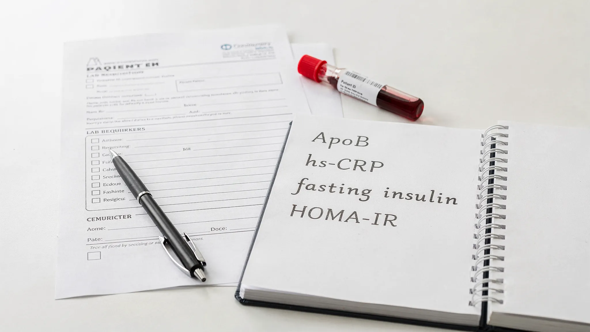 A clean flat-lay of a lab requisition form, a small labeled blood sample tube, and a notebook with headings like “ApoB”, “hs-CRP”, “fasting insulin”, and “HOMA-IR”, illustrating comprehensive biomarker planning.