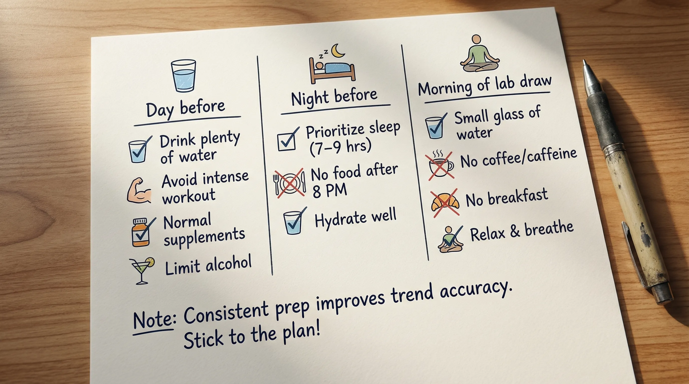 A simple timeline-style checklist showing “Day before,” “Night before,” and “Morning of lab draw,” with icons for water, coffee, workout, supplements, sleep, and alcohol, plus a short note that consistent prep improves trend accuracy.