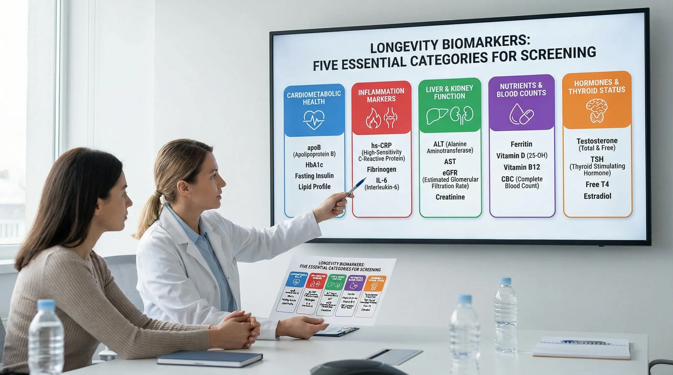 A clean, easy-to-scan infographic showing five biomarker categories for longevity testing: cardiometabolic, inflammation, liver/kidney, nutrients/blood counts, hormones/thyroid. Under each category are example biomarkers like apoB, hs-CRP, fasting insulin, ALT, eGFR, ferritin, vitamin D, testosterone, TSH.