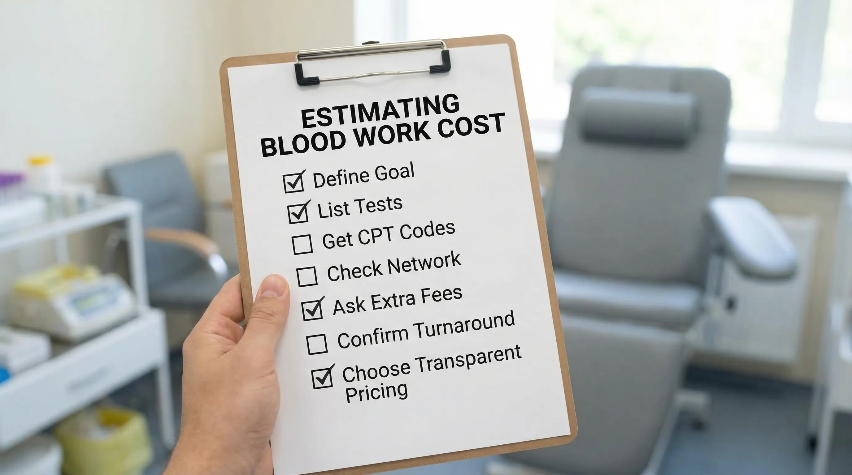 A simple checklist-style graphic showing the steps to estimate blood work cost: define goal, list tests, get CPT codes, check insurance network, ask about extra fees, confirm turnaround, and choose a transparent pricing option.