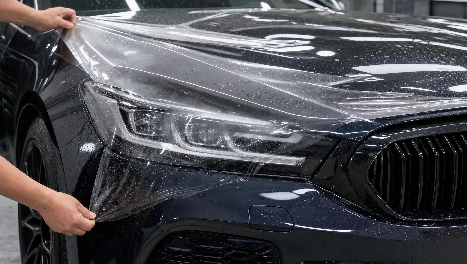 A close-up of transparent paint protection film being applied smoothly to a car front bumper and bonnet, with clean reflections on the protected panels.
