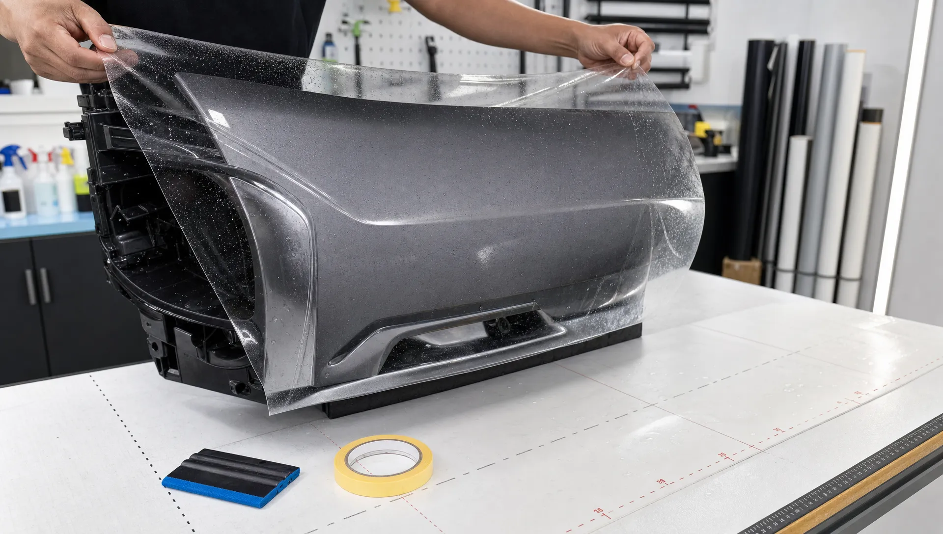 Landscape close-up of a sheet of transparent paint protection film being peeled and aligned over a detached car bumper section on a clean workbench, with trim edges, application squeegee, masking tape and measured cut lines visible. The bumper sample and film dominate the frame, with a tidy detailing workspace receding behind it.