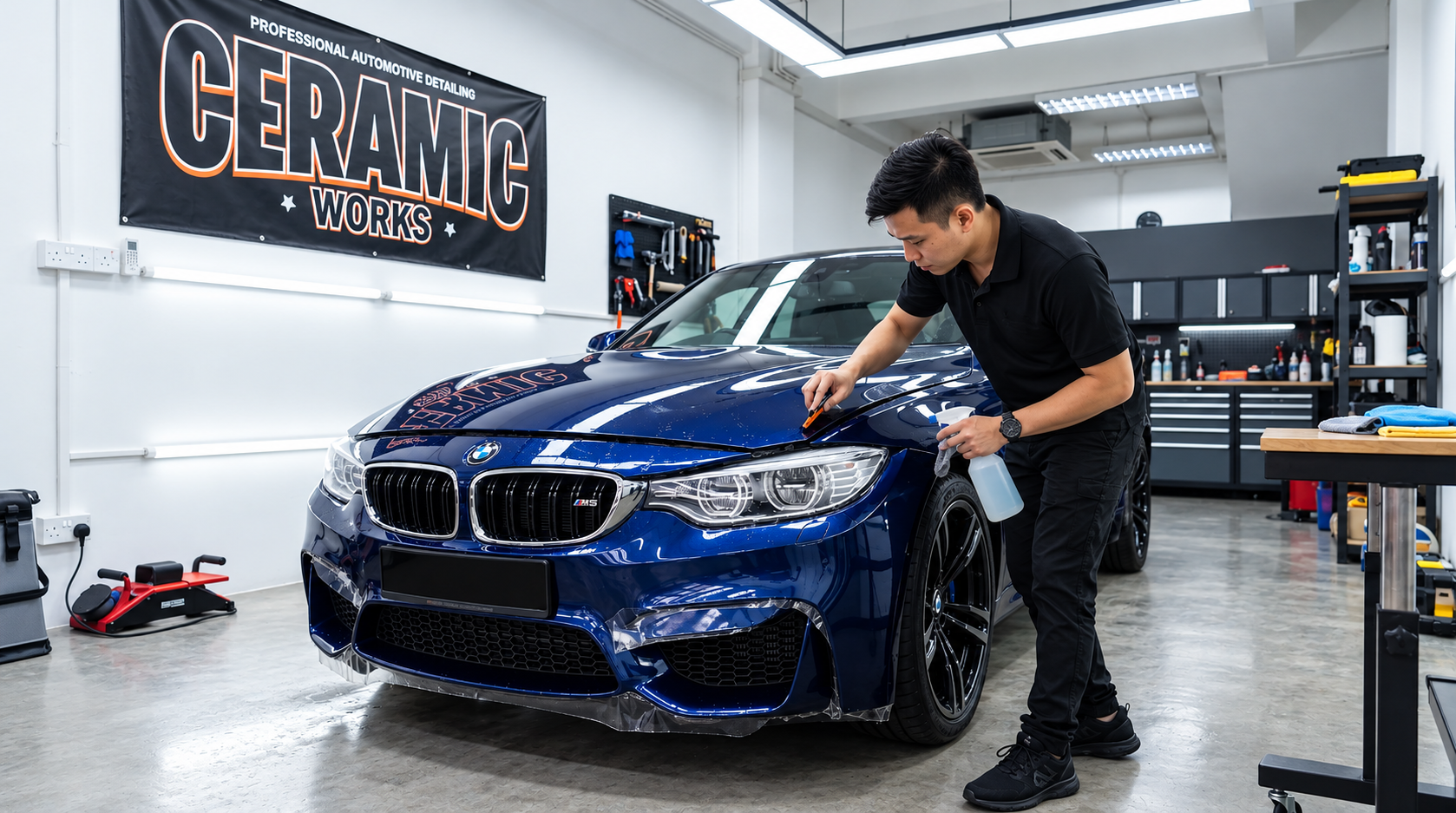 A detailer applies transparent paint protection film to the front bumper of a car in a Singapore studio.