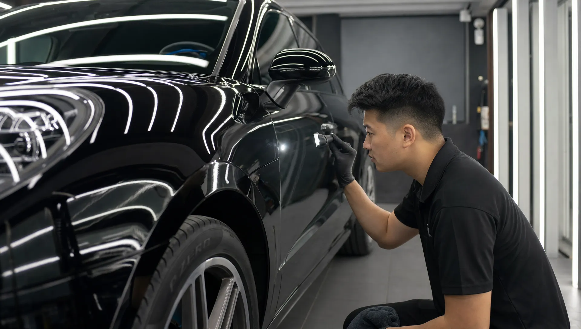 A detailer checks a new car’s paint under inspection lights before ceramic coating and PPF installation in a clean workshop.