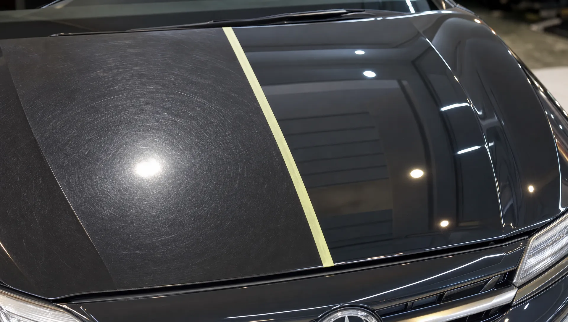 A close-up of a car bonnet showing swirl marks beside a corrected glossy section before ceramic coating.