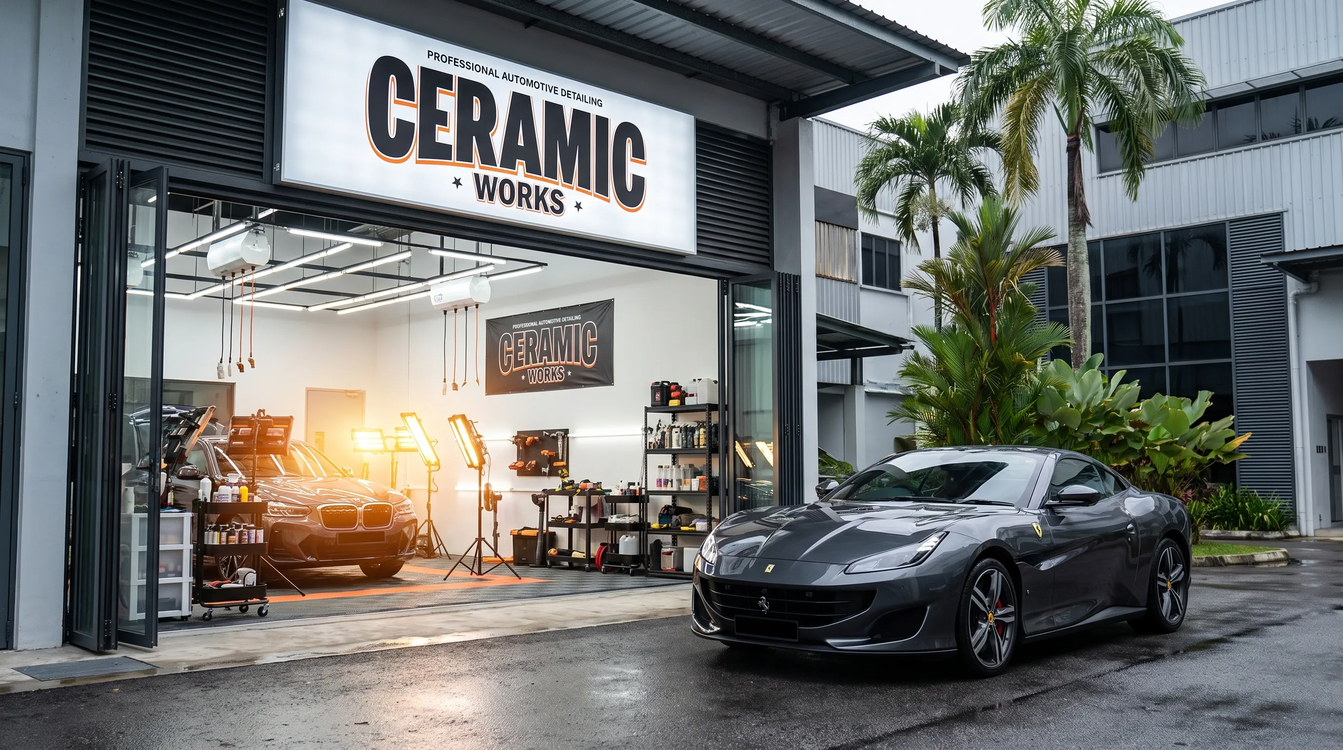 Landscape exterior of a Singapore detailing studio entrance with a car parked just outside, the open bay visible behind it and inspection lamps glowing inside. The scene reads as a professional place for paint correction and ceramic coating, with signage surfaces that would naturally carry branding and a clean service-bay atmosphere.