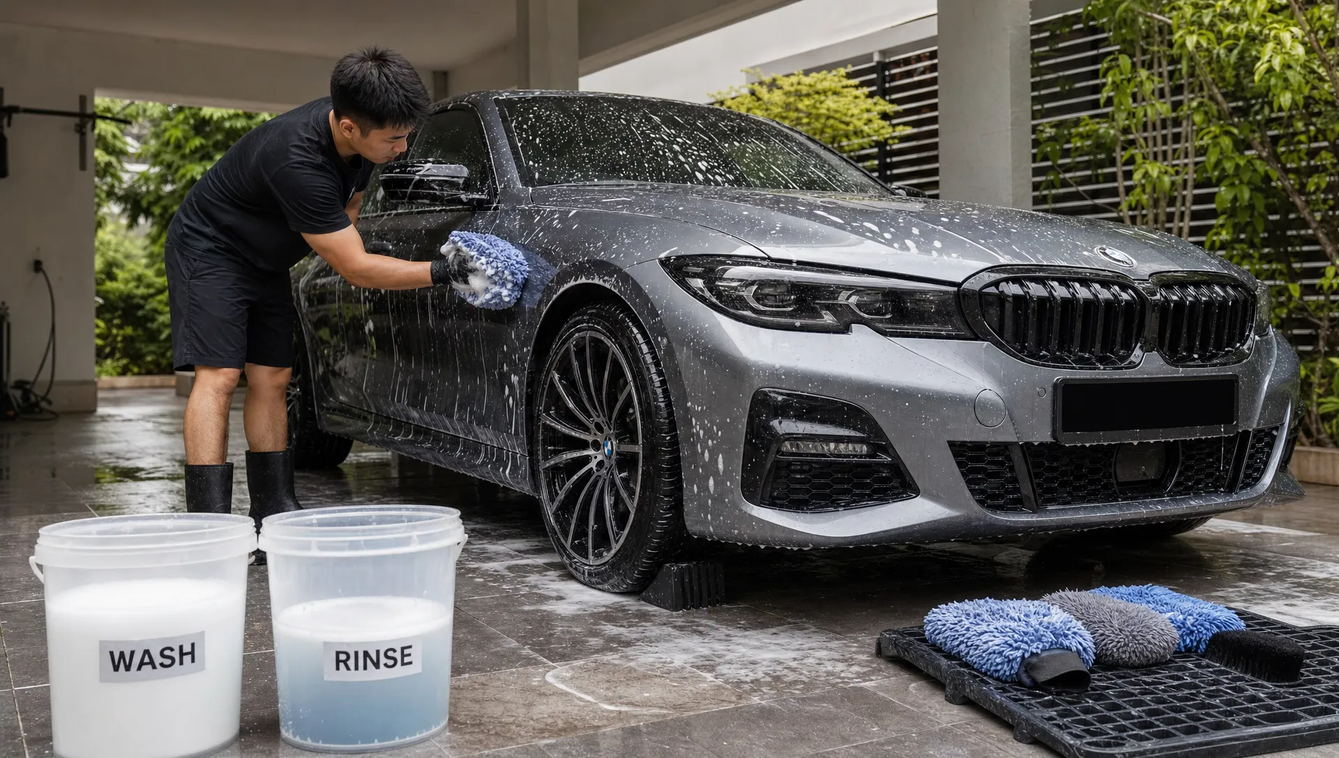 A ceramic-coated car is hand washed in a shaded bay with foam on the paint, two buckets nearby and microfiber mitts set apart from the wheels.