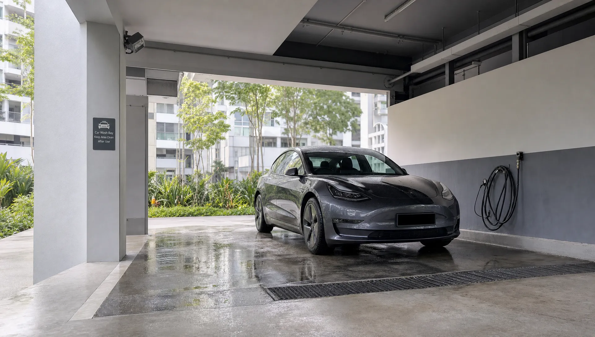 Landscape establishing view of a sheltered Singapore HDB or condo car-wash bay with a coated car parked inside, rinse hose coiled nearby, floor drain visible, and shaded concrete surroundings. The car is present but secondary to the location itself; no detailing workshop, no product bottles, no inspection lamps. Keep the same clean professional automotive look used across the site.