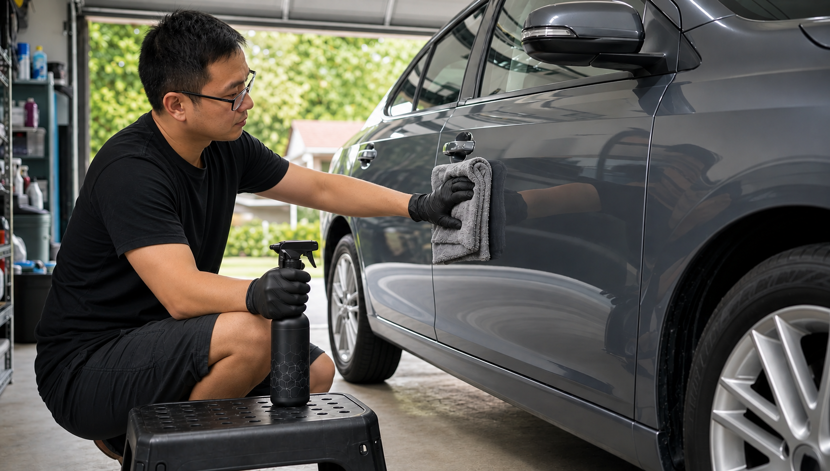 Landscape medium shot inside a bright home garage of an adult car owner applying ceramic spray coating to one door panel with a towel while another hand steadies the spray bottle on a stool nearby. The car occupies the right side of the frame, the person is active in the left foreground, and the setting feels like a practical DIY maintenance moment.