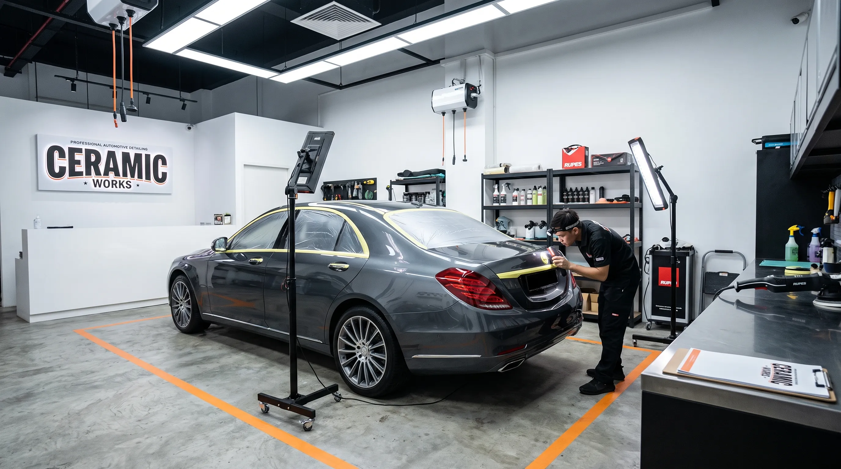 Landscape view of a modern Singapore detailing workshop with a car under preparation, masked floor edges, clean equipment, and a technician checking the paint under inspection lights. Keep the car dominant, the bay spacious, and the atmosphere professional and organized. Natural surfaces that would carry workshop branding include the reception wall sign and a clipboard on the counter.