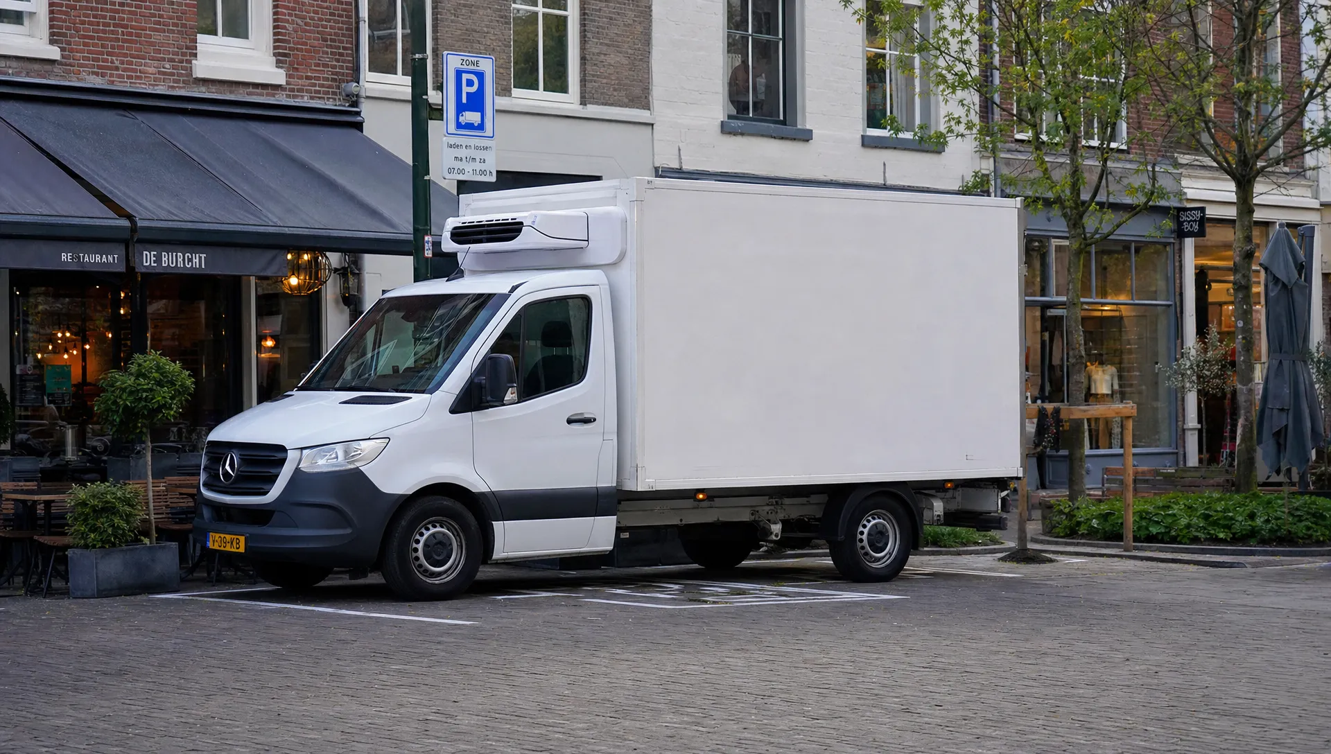 Een witte koelbedrijfswagen automaat staat stil bij een laad- en loszone in een compacte Nederlandse binnenstad, met de zijkant van de wagen zichtbaar en de geïsoleerde laadruimte gesloten tijdens een korte stop bij horeca en winkels.
