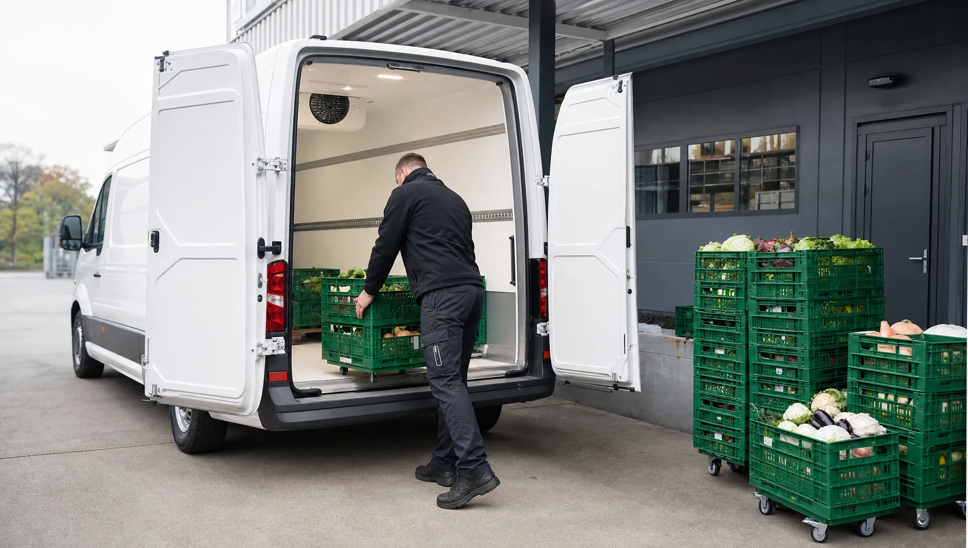 Kratten met verse producten worden in een gekoelde bestelwagen geladen bij een distributielocatie.
