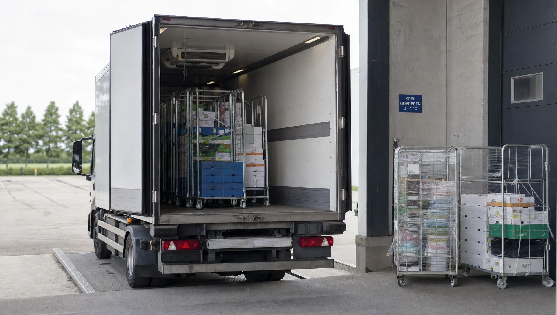 Een koelwagen staat met open achterdeuren bij een laadperron, met rolcontainers en gekoelde producten klaar voor vertrek.