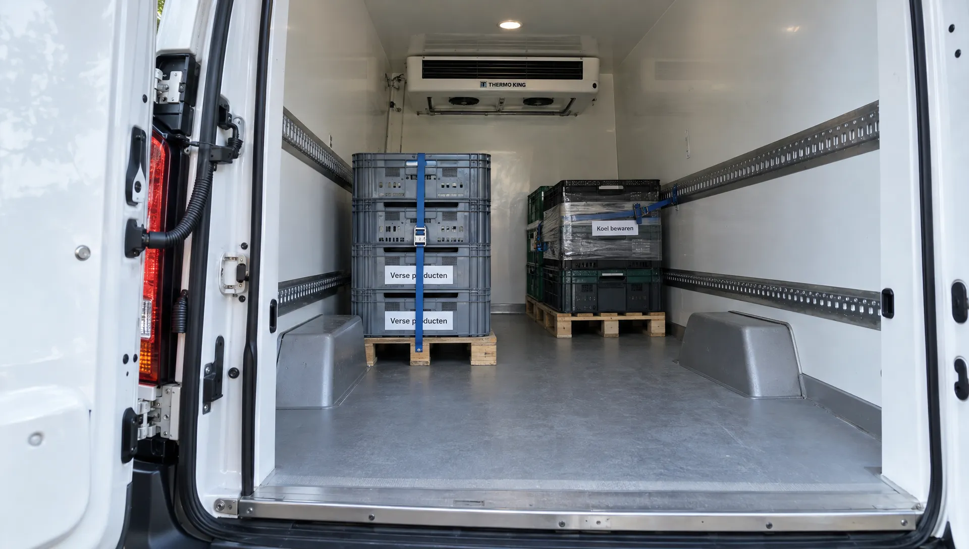 De open laadruimte van een koelbus toont stevige deurafdichtingen, een geïsoleerde vloer, een verdamper en kratten met ruimte voor luchtcirculatie.