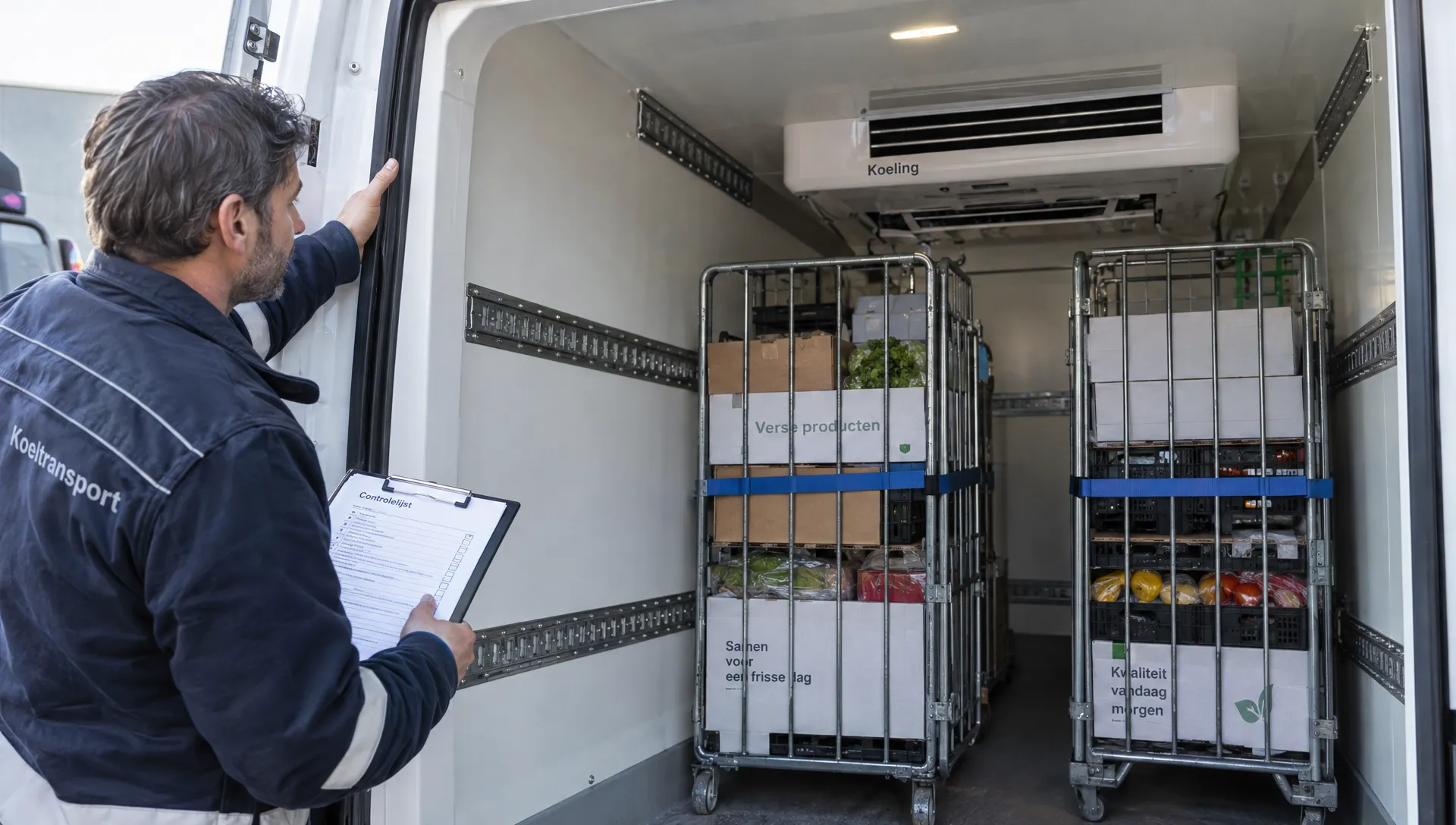 Een wagenparkbeheerder controleert rolcontainers, deurrubbers en de luchtstroom in de laadruimte van een koelauto.