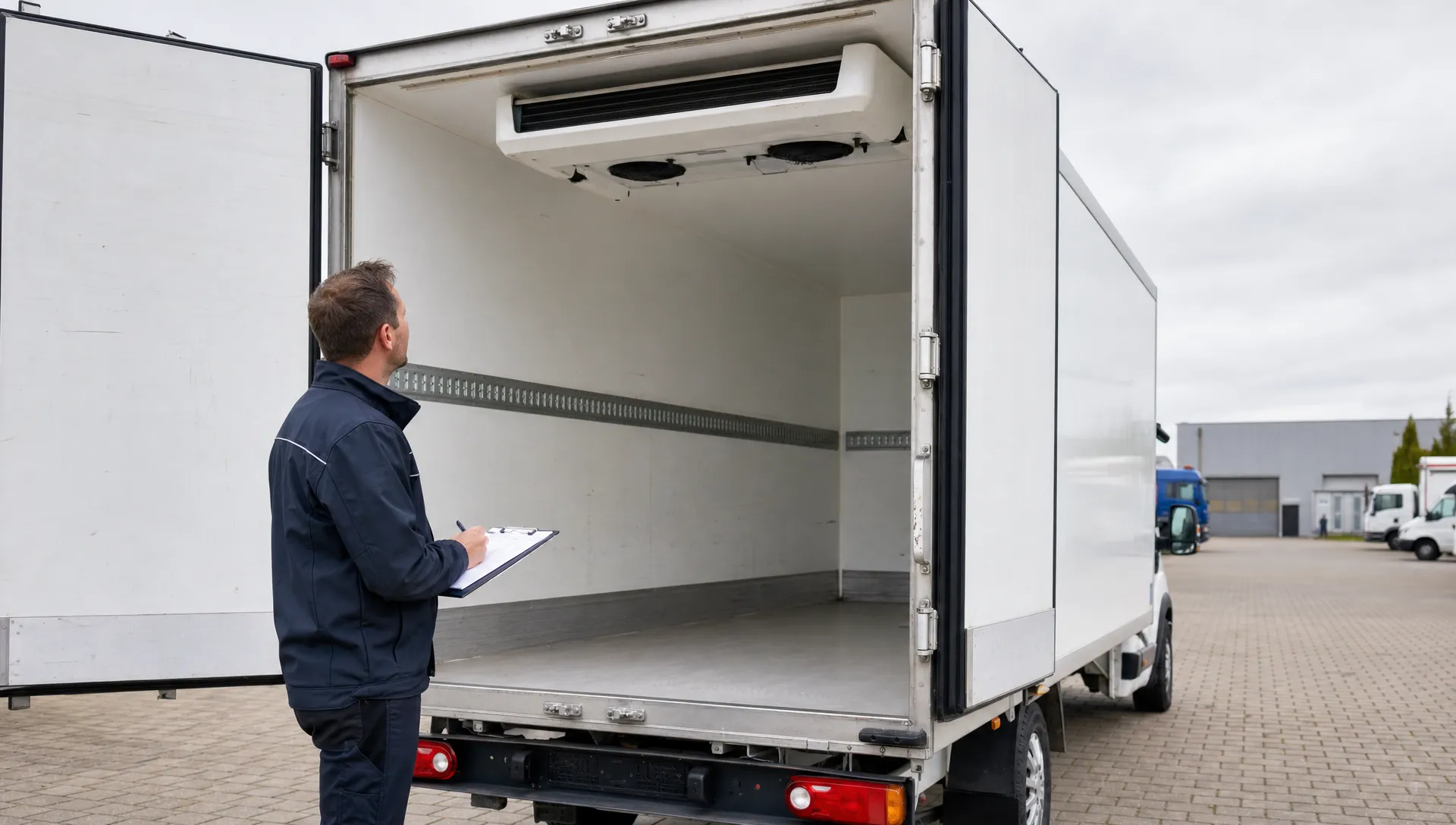 Een technicus inspecteert de laadruimte, deuren en koelinstallatie van een gebruikte koelwagen tijdens een praktische controle.