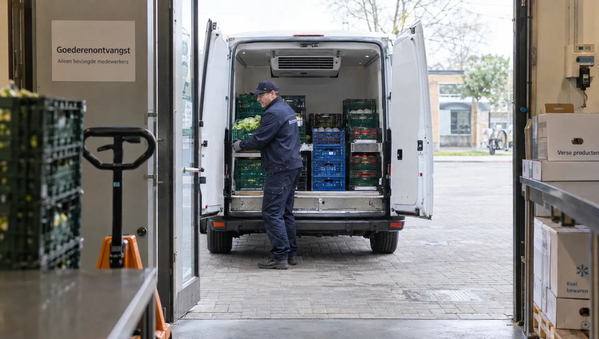 Een chauffeur pakt een krat uit de koelauto bij een afleveradres, met ruimte rond de lading voor luchtcirculatie.