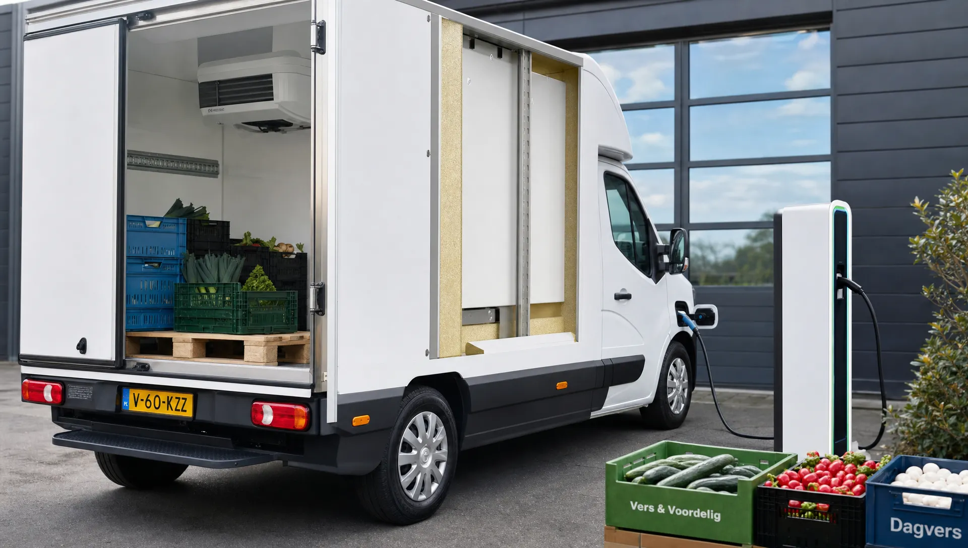 Een elektrische koelbestelwagen bij een laadpaal met geopende laadruimte, kratten met verse producten en zicht op de isolatie van de opbouw.