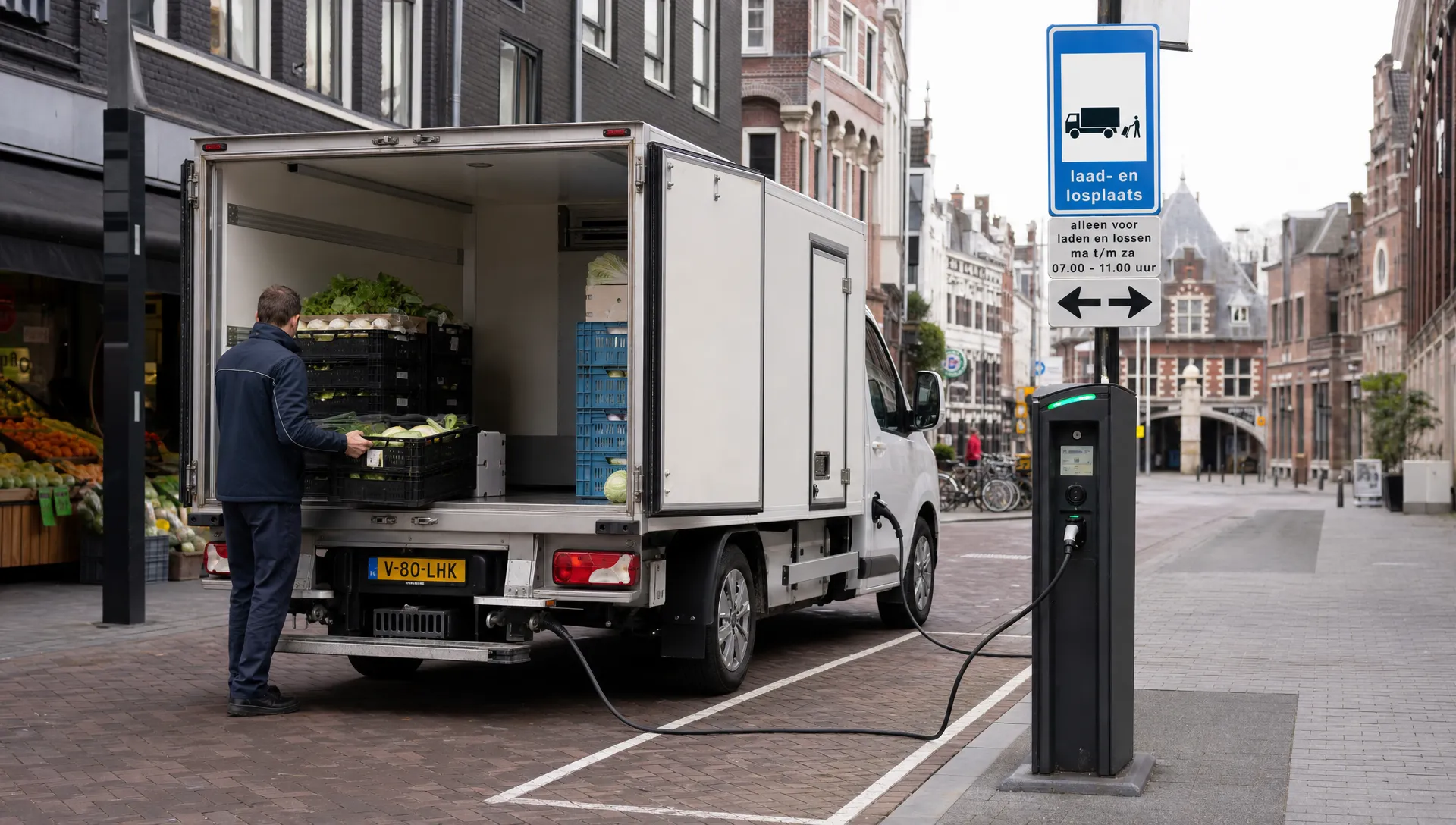 Een elektrische koelwagen staat naast een stedelijk laadpunt terwijl de geïsoleerde laadruimte met kratten voor verse producten wordt beladen. Op de achtergrond is een compacte binnenstad zichtbaar met een duidelijke laad- en losplek voor distributie.
