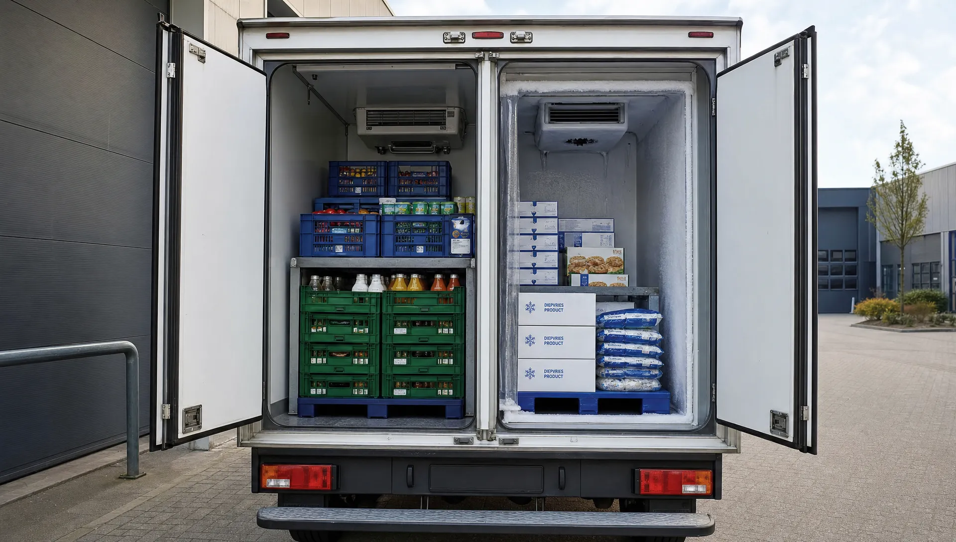Een multitemp koelwagen met geopende achterdeuren en gescheiden vakken voor gekoelde kratten en diepvriesproducten.