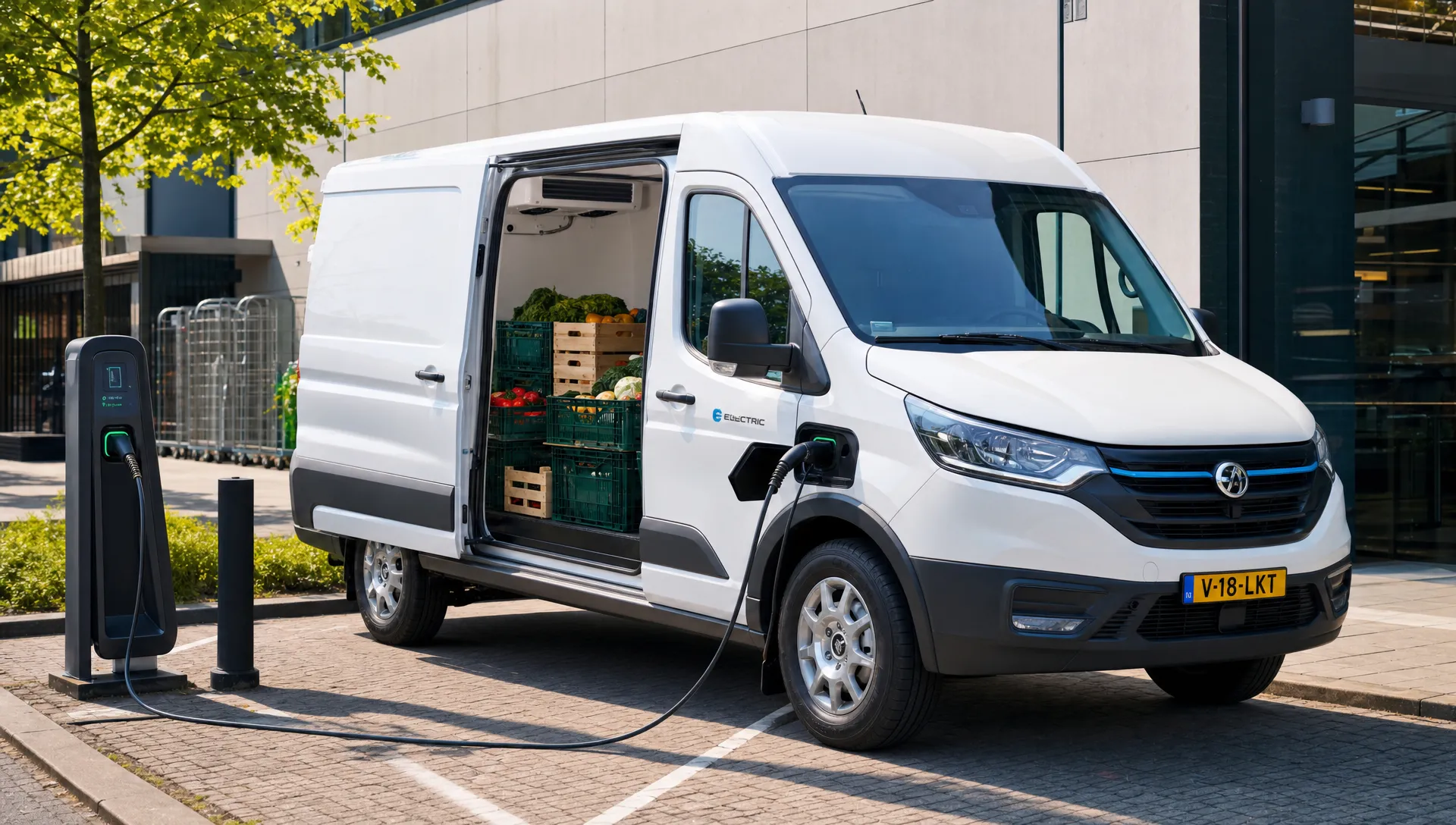 Een elektrische koelbestelwagen staat bij een laadpunt met open zijdeur en kratten verse producten in de laadruimte.