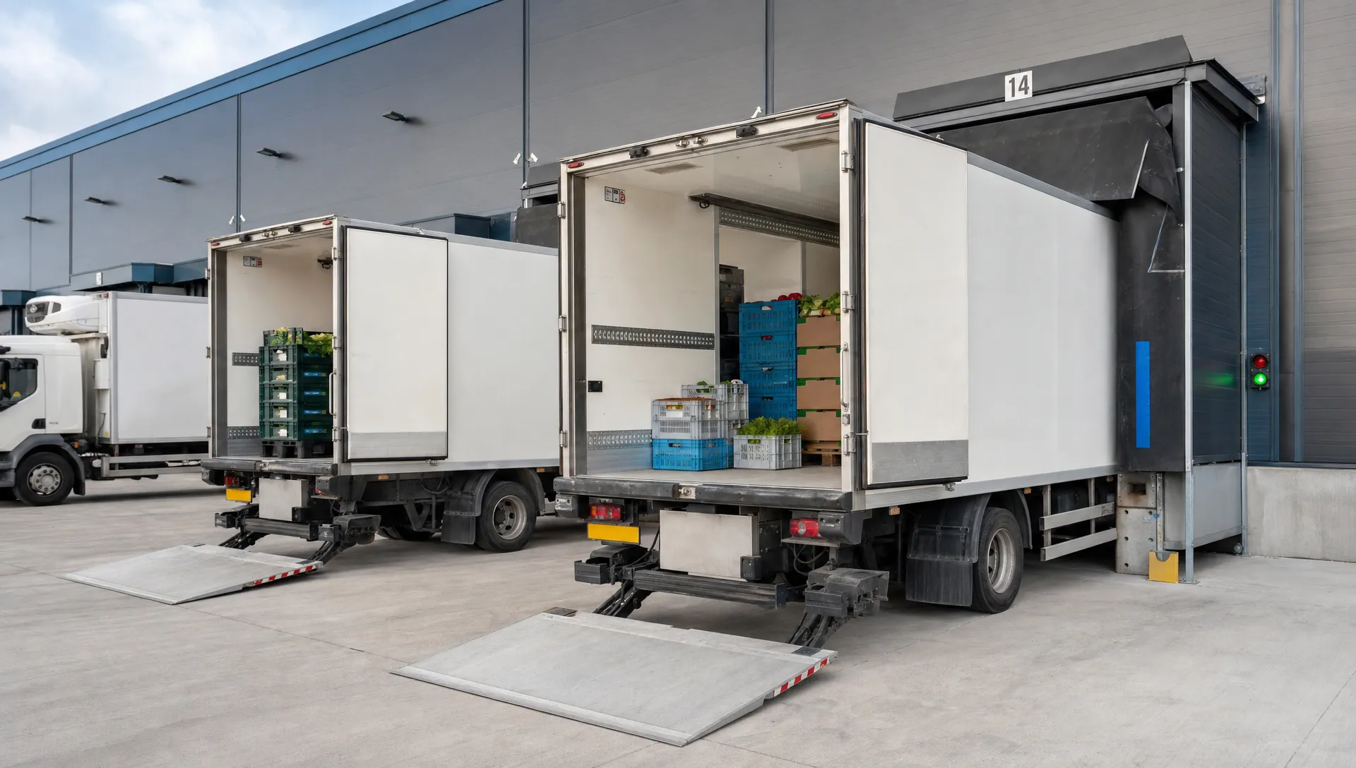 Bedrijfsauto's voor gekoeld transport staan bij een laadperron met open laadruimtes, koelunits en kratten met temperatuurgevoelige goederen.