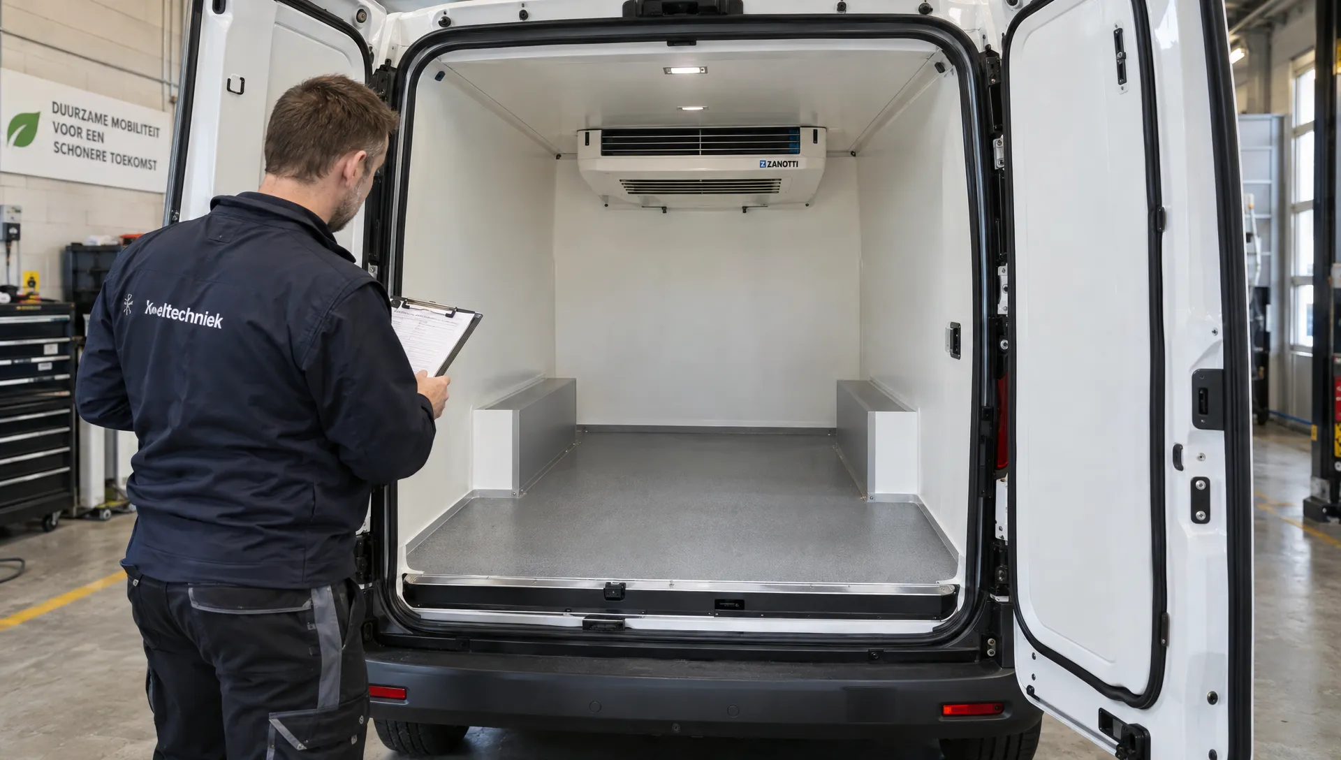 Een technicus inspecteert de open laadruimte van een elektrische koelwagen met geïsoleerde wanden, sluitende deurafdichtingen en koelunit.